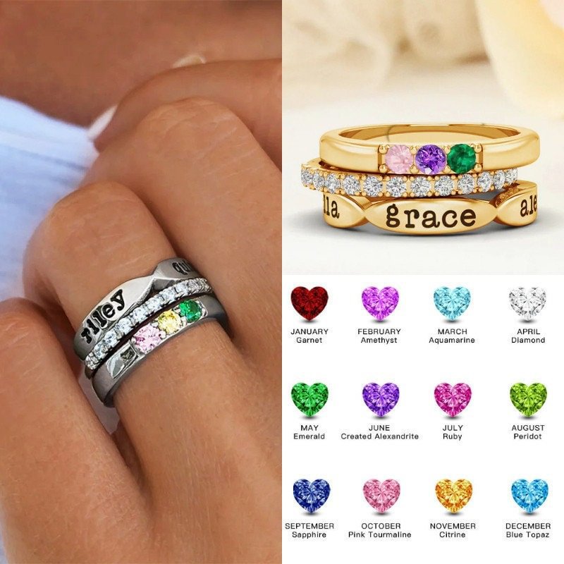Personalized Birthstone Stackable Rings – Custom Engraved Family Rings, Heirloom Jewelry for Women