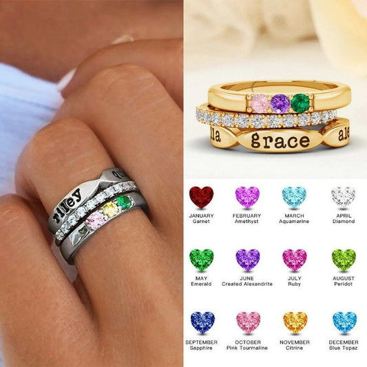 Personalized Birthstone Stackable Rings – Custom Engraved Family Rings, Heirloom Jewelry for Women