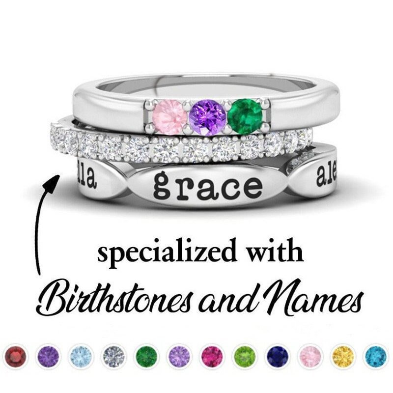 Personalized Birthstone Stackable Rings – Custom Engraved Family Rings, Heirloom Jewelry for Women